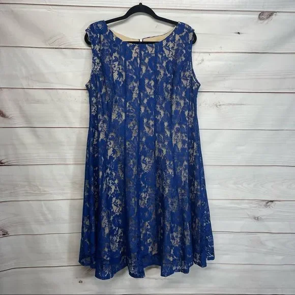 julian taylor lace dress NWOT Size 12 JULIAN TAYLOR Blue Lace Overlay Cocktail Party Dress with Sash